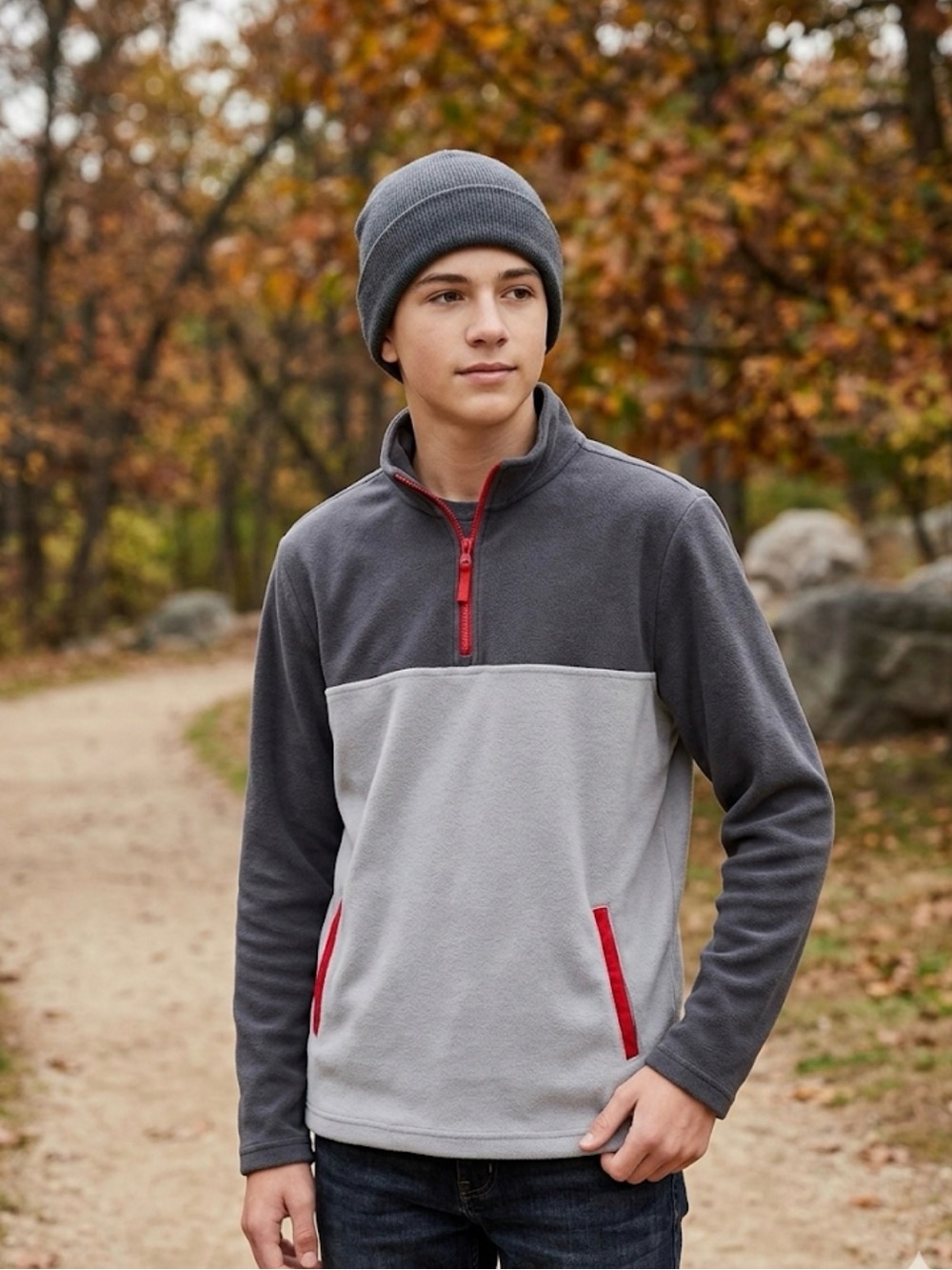 WONDER NATION Fleece Quarter Zip Pullover, Boys XXL (14), Gray